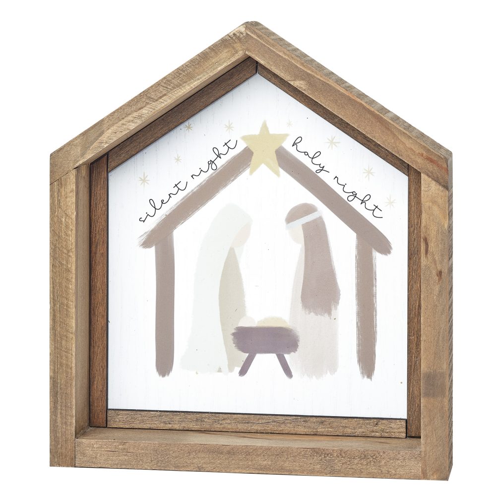 Silent Night, Holy Night with Holy Family Creche Shaped Sign - BB238-30477
